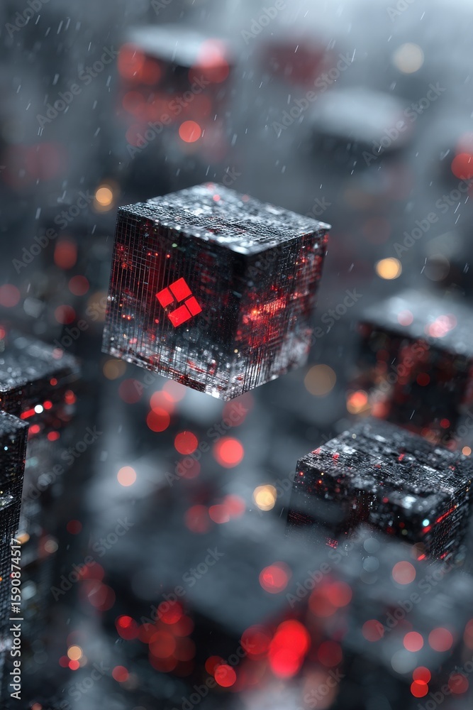 Poster abstract blockchain-themed cubes with illuminated patterns and vibrant red sparks