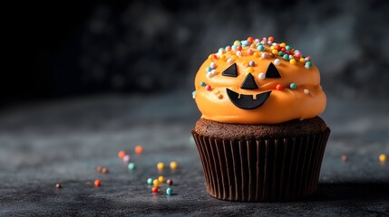 Tasty jack o lantern Halloween cupcake with frosting and colorful sprinkles on transparent background. Concept of festive spooky treat.	halloween, jack o lantern, cupcake, dessert, treat, transparent,