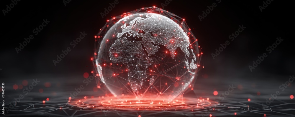 Poster digital globe with red nodes representing global connectivity and blockchain technology