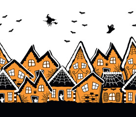 Halloween Gingerbread Houses. Seamless Border. Spooky Village. Houses Silhouettes on White Background. Bats, Witch on Broom, Ghosts, Spider Web. Vector illustration