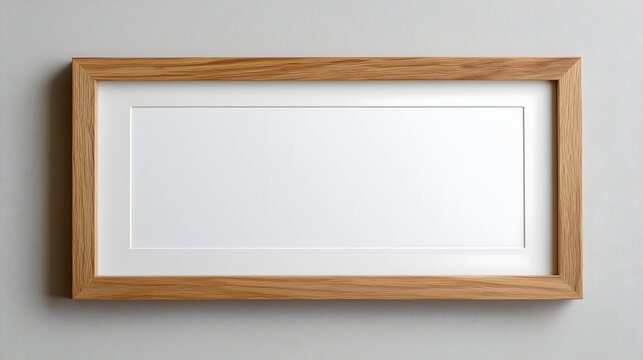 Wooden landscape photo frame with white mat on neutral wall
