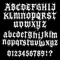 complete set of stylized gothic blackletter alphabet and numbers, featuring sharp, thorn-like edges with a horror-inspired, aggressive look.