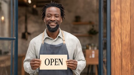 Male African American Restaurant owner holding open sign at storefront entrance