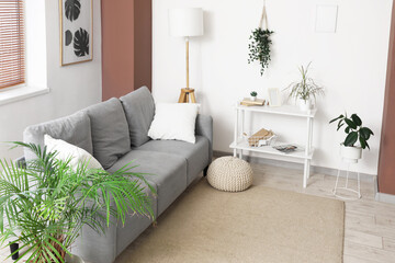 Interior of living room with green plants, sofa and shelf unit