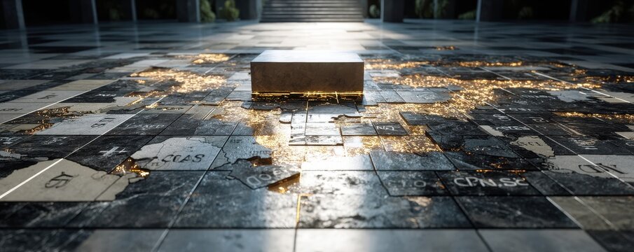 Abstract depiction of a fragmented map on a reflective tiled surface