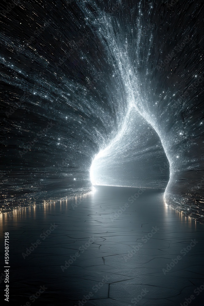 Poster futuristic glowing tunnel illuminated with abstract digital data stream patterns