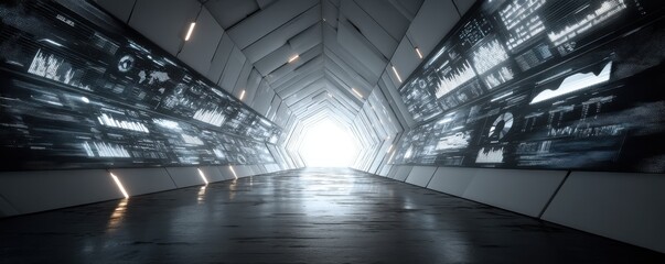Futuristic high-tech corridor displaying data visuals and holograms under dramatic lighting