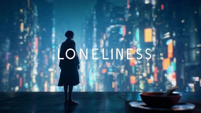 A solitary figure gazes over a vibrant, neon-lit cityscape, evoking feelings of loneliness amidst the bustling urban environment. "Loneliness" text overlayed.