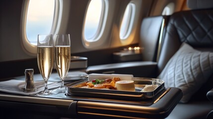 Luxury travel, business class meal tray and champagne on the plane seat, generative ai