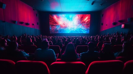 Large cinema hall filled with people watching a dynamic scene on a wide screen, surrounded by futuristic glowing lights in red and blue, capturing immersive movie experience and modern visuals