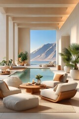 Modern minimalist spa with luxurious seating and mountain view ambiance