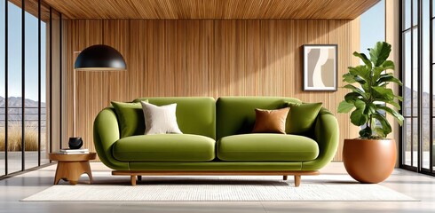 Modern living room interior with green sofa and natural wooden accents