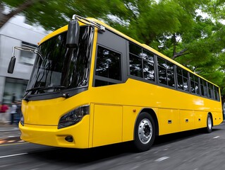 Yellow Bus on City Street with Transporting People with Blurred Trees Background.