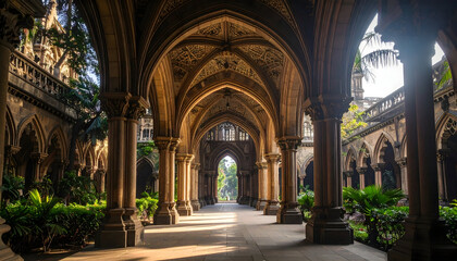Obraz premium Ornate Stone Hallway with Vaulted Ceiling and Sunlight