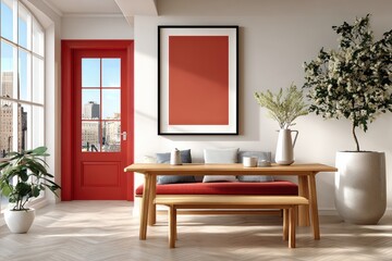 Modern dining room with red accents and large window views