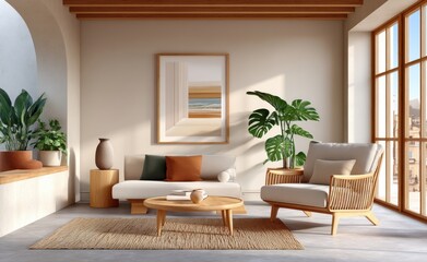 Fototapeta premium Modern living room featuring cozy furniture and decorative green plants with sunlight