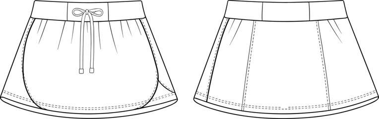 Vector technical flat sketch of women's athletic mini skirt with drawstring waistband, front and back view, sporty casual apparel © Md Rofequl Islam