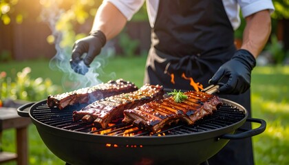 Fototapeta premium Chef preparing grilled ribs outdoor