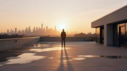 Lone Figure Watching Sunrise Over City Skyline