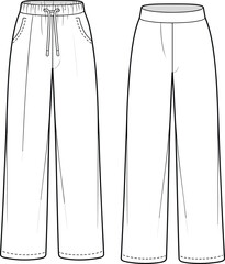 Women's casual wide-leg pants with drawstring waist, front pockets, back view, fashion technical flat sketch, vector illustration.