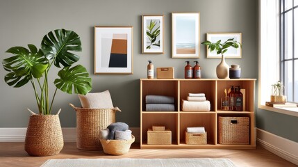 Fototapeta premium Modern interior with plants, storage solutions, and decorative wall art