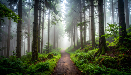 Obraz premium Misty Forest Path: A Tranquil Woodland Scene