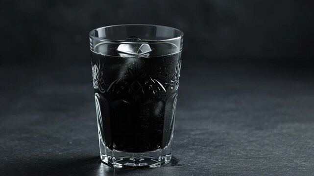 Refreshing dark beverage with ice on textured surface