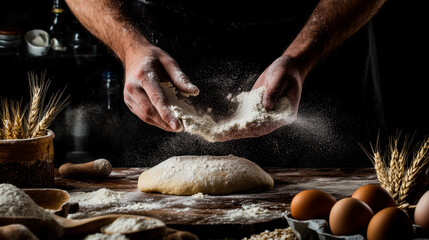 A man's hands dusting flour on dough, surrounded by eggs and wheat stalks, set against an isolated black background.