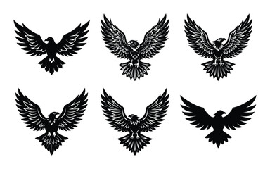 Fototapeta premium Collection of Six Black Eagle Silhouettes in Different Styles on White on white background