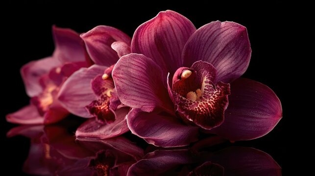 Orchid mood for floral echo concept. Close-up of vibrant purple orchids on a reflective surface.