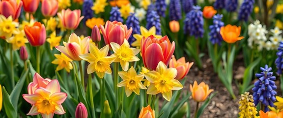 Obraz premium Vibrant tulips, daffodils, and hyacinths in a spring garden, floral, petals