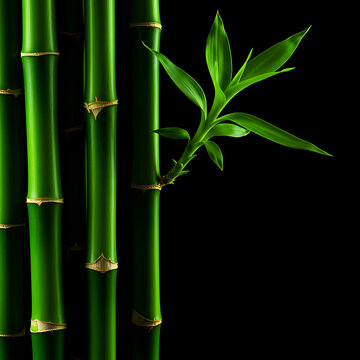 Ultra-realistic close-up of vibrant green bamboo stalks and leaves against pure black background with soft directional lighting, highlighting natural textures and elegant simplicity