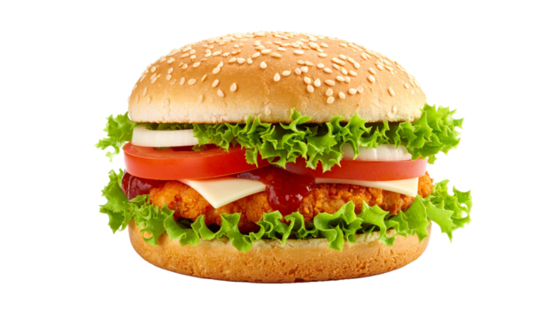 Chicken Burger with Chili Sauce, Lettuce, Tomato,  Food Concept, Isolated on Transparent Background