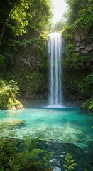 Serene Waterfall Falling Into Clear Turquoise Pool Surrounded by Green Forest in Bright Natural Light