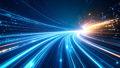 Abstract Digital Tunnel with Blue and Orange Light Trails