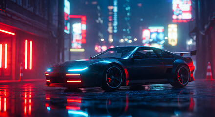 Futuristic matte black concept car on rainy neon-lit city street at night, cyberpunk environment with glowing reflections and photorealistic cinematic sci-fi atmosphere