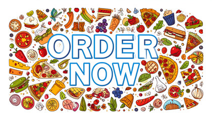 Order Now Food Illustration with Colorful Pizza Vegetables and Fruits