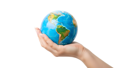 Globe held in a manicured hand showcasing the Americas and Atlantic Ocean.