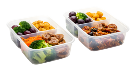 Two meal prep containers with broccoli grapes fried potatoes meat and rice.