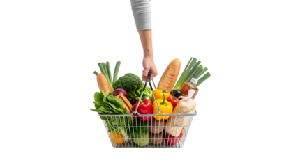 Abundant grocery basket filled with fresh produce and artisanal bread held by a hand.