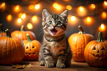 A happy kitten sits among pumpkins at halloween