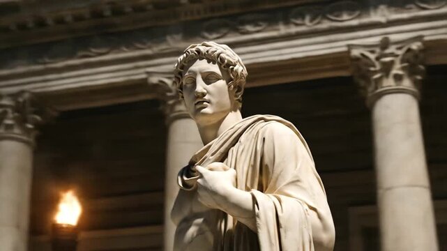 Cinematic video of stoic ancient marble statue under dramatic lighting with historical architecture, inspirational fine art animation representing timeless wisdom and classical strength