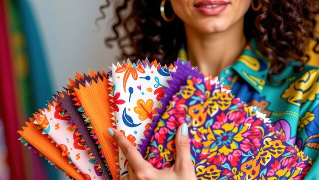 Creative women founders in creative industries showcase vibrant fabric swatches, expressing their unique styles and artistic vision - Powered by Adobe