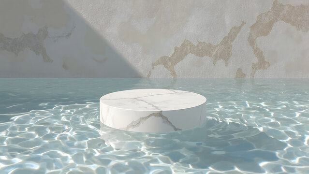 A minimalist marble pedestal gracefully floats atop crystal-clear water, bathed in soft light and inviting serenity. This image embodies modern elegance and purity.
