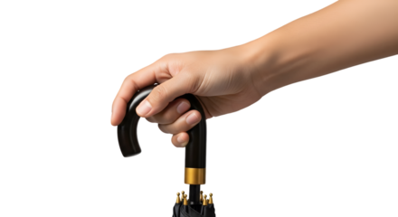 Hand holding a black umbrella with a curved handle and golden accents.
