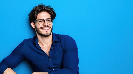 Fototapeta premium Smiling Man with Glasses Against Bright Blue Background