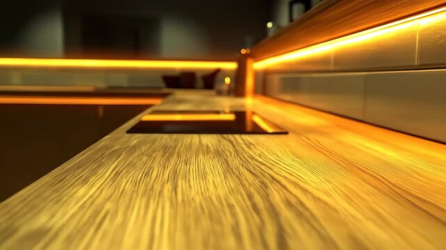Wood counter, warm light accents, shallow focus
