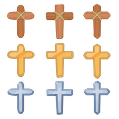 Cute cartoon style crosses with different materials vector illustration set