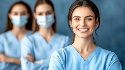 Smiling Healthcare Professionals in Scrubs with Focused Team Members
