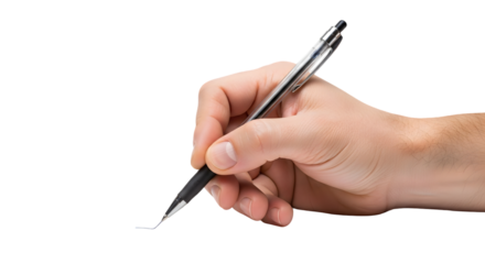 Hand holding a black and silver pen writing a thin line on a surface.